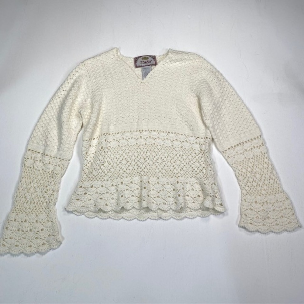 Tiara International Cream Crochet Knit Bell Sleeve V-Neck Sweater Vintage Y2K M